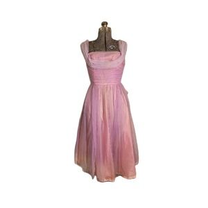 Vintage 50s Cupcake Pink Faded Prom Dress Midi Size XS Retro Tulle‎ Poofy